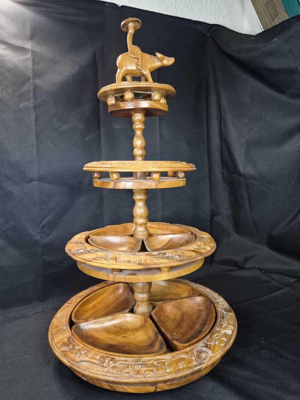 Rare Large 4 Tier Buffalo Wood art Carved Lazy Susan india,Thai,50s For Holliday